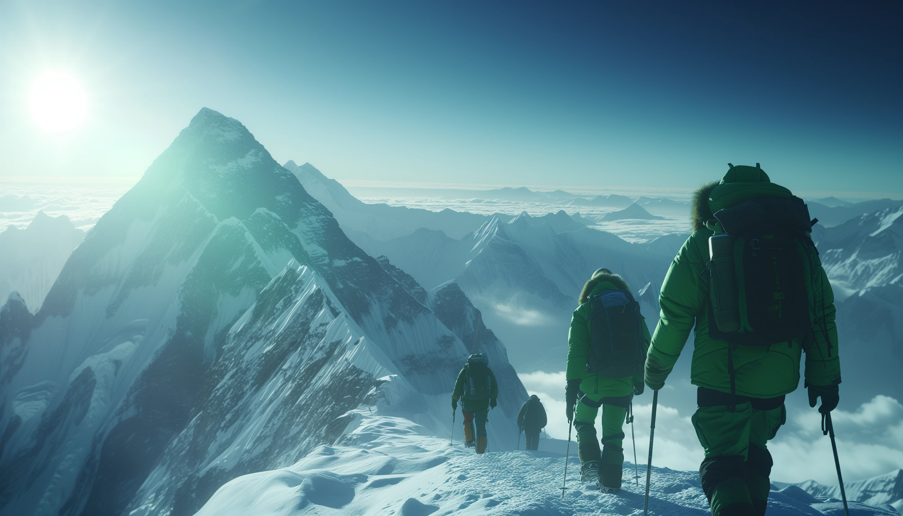 Team van bergbeklimmers loopt op bergketen op weg naar de top.