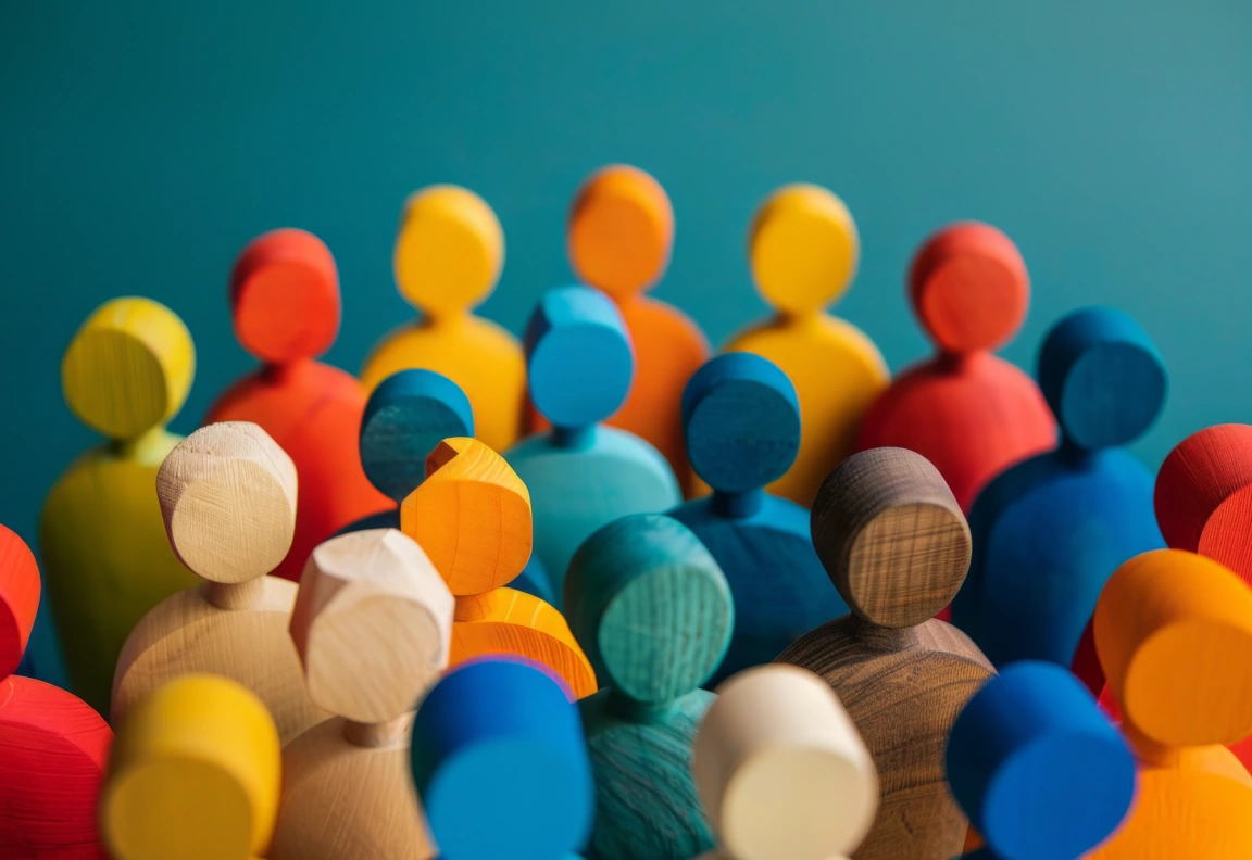 Houten poppetjes in verschillende kleuren.